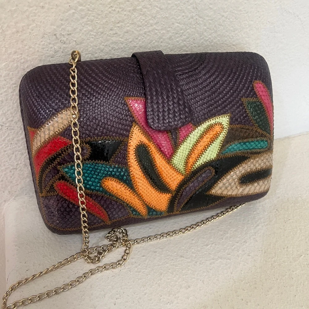 Straw Woven Purple Multicolored Cross Body Bag‎ PURSE Pouch Clutch